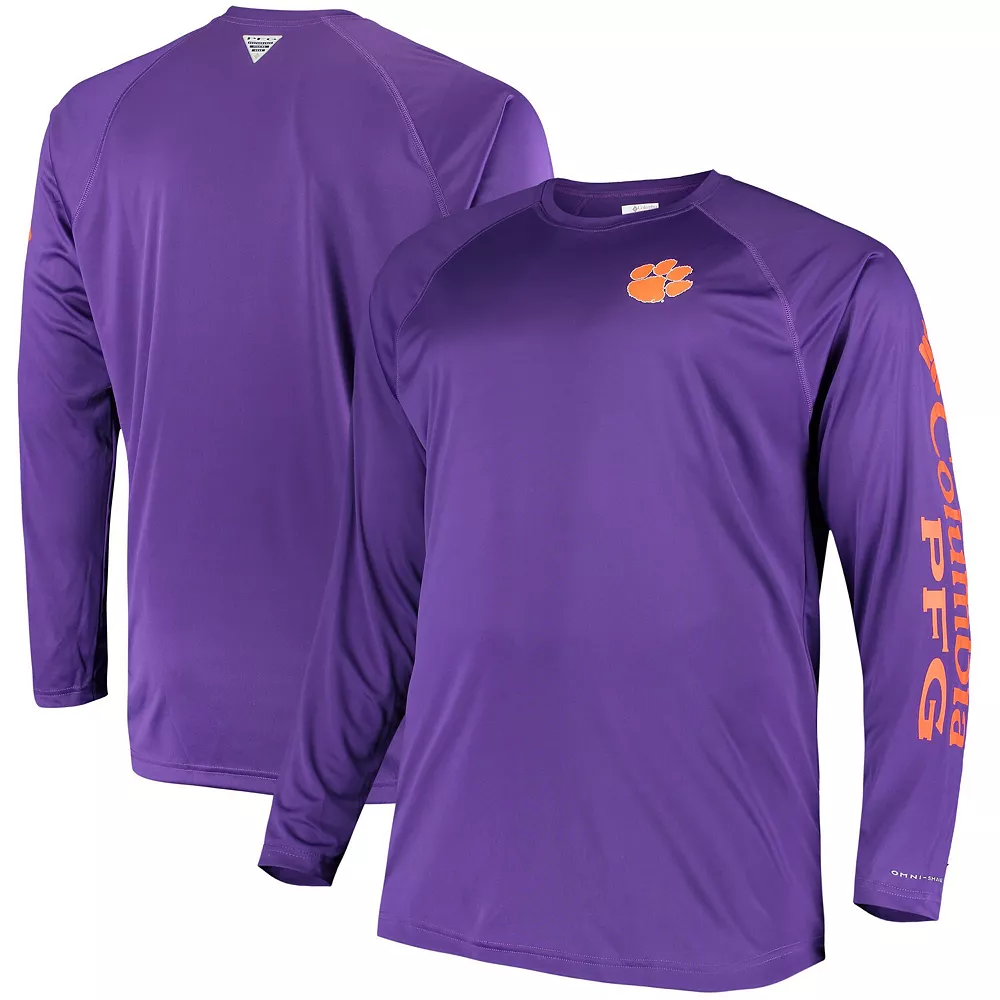 Men's Columbia Purple Clemson Tigers Big & Tall Terminal Tackle Long Sleeve Omni-Shade T-Shirt 1 Men's Columbia Purple Clemson Tigers Big & Tall Terminal Tackle Long Sleeve Omni-Shade T-Shirt