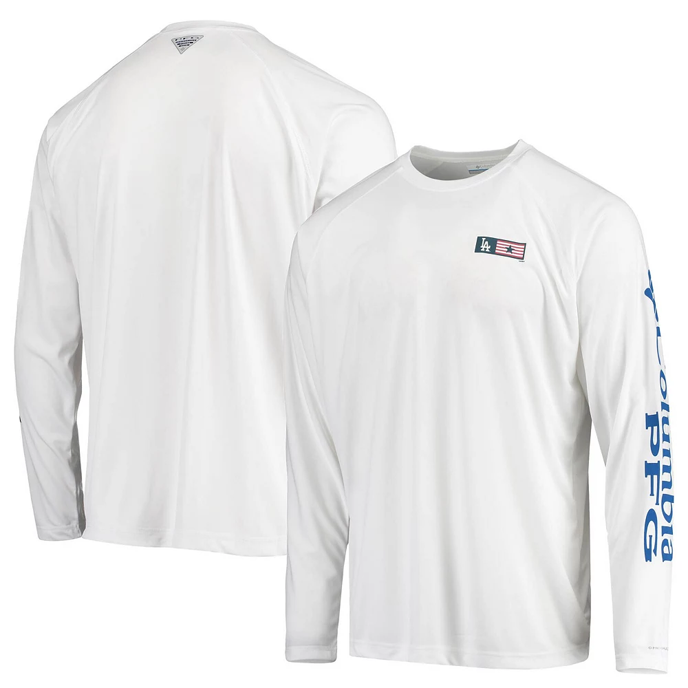 Men's Columbia White Los Angeles Dodgers Americana Terminal Tackle Omni-Shade Raglan Long Sleeve T-Shirt 2 Men's Columbia White Los Angeles Dodgers Americana Terminal Tackle Omni-Shade Raglan Long Sleeve T-Shirt - Image 2