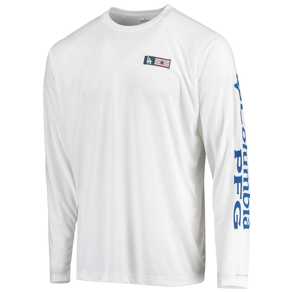 Men's Columbia White Los Angeles Dodgers Americana Terminal Tackle Omni-Shade Raglan Long Sleeve T-Shirt 3 Men's Columbia White Los Angeles Dodgers Americana Terminal Tackle Omni-Shade Raglan Long Sleeve T-Shirt - Image 3