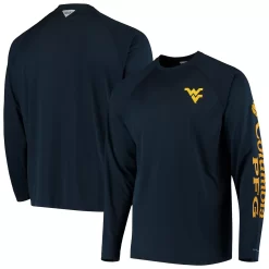Men's Columbia PFG Navy West Virginia Mountaineers Terminal Tackle Omni-Shade Long Sleeve T-Shirt
