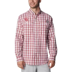 Men's Columbia Crimson Oklahoma Sooners Super Tamiami Omni-Shade Long Sleeve Button-Down Shirt